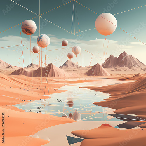 A surreal desert landscape with floating geometric objects