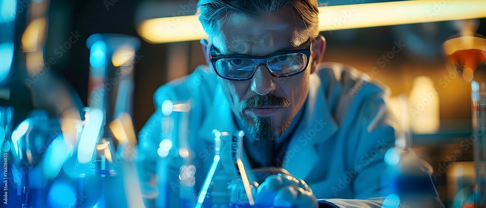 Scientist must always wear protective equipment such as gloves or gown in the laboratory with a light background. Ideal for concepts related to medical research or safety in chemical laboratory work. Scientist must always wear protective equipment such as gloves or gown in the laboratory with a light background. Ideal for concepts related to medical research or safety in chemical laboratory work.