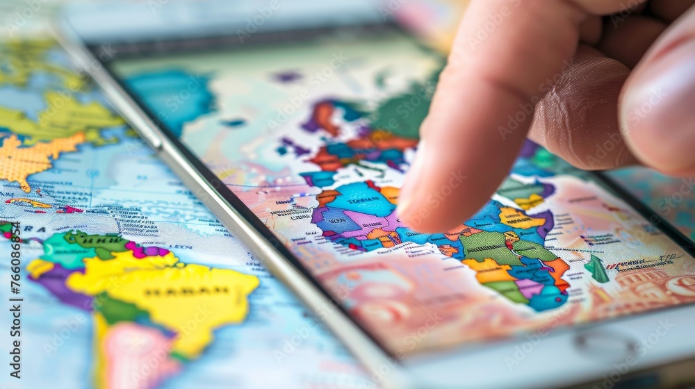 Fototapeta premium Close-up shot of a smartphone screen displaying an online remittance platform app interface fingers pressing the send button