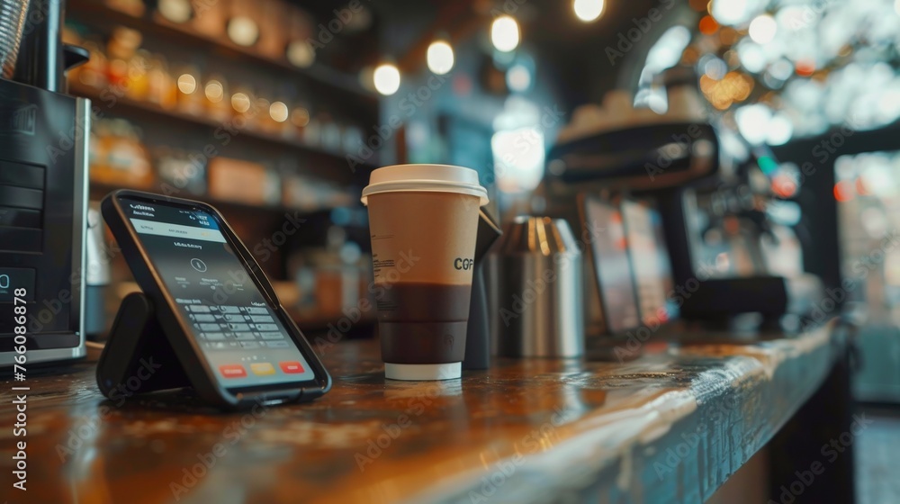 Close-up view of a mobile payment transaction at a coffee shop showing detailed textures of the smartphone and payment device Close-up view of a mobile payment transaction at a coffee shop showing detailed textures of the smartphone and payment device