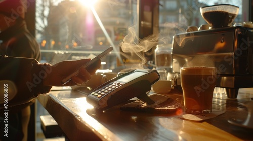 Early morning at a bustling city coffee shop a hand holding a smartphone close to a mobile payment terminal