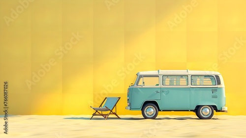 On a summer day, a little, hippie-style blue minivan with a sunlounging chair sits over the beach sand over a yellow backdrop and space, Generative AI.