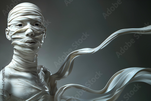 Fashion surreal Concept. Portrait of marble wax plaster ceramic figure statue sculpture with bandage tape wrap swirling waving. dynamic composition dramatic lighting. copy text space	
