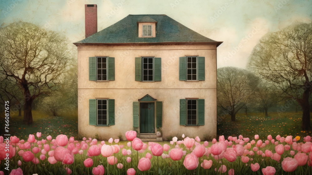 Cute Old House with Pink Tulip Flowers in Spring Garden. Cottage in Floral Garden. Illustration in Vintage Style