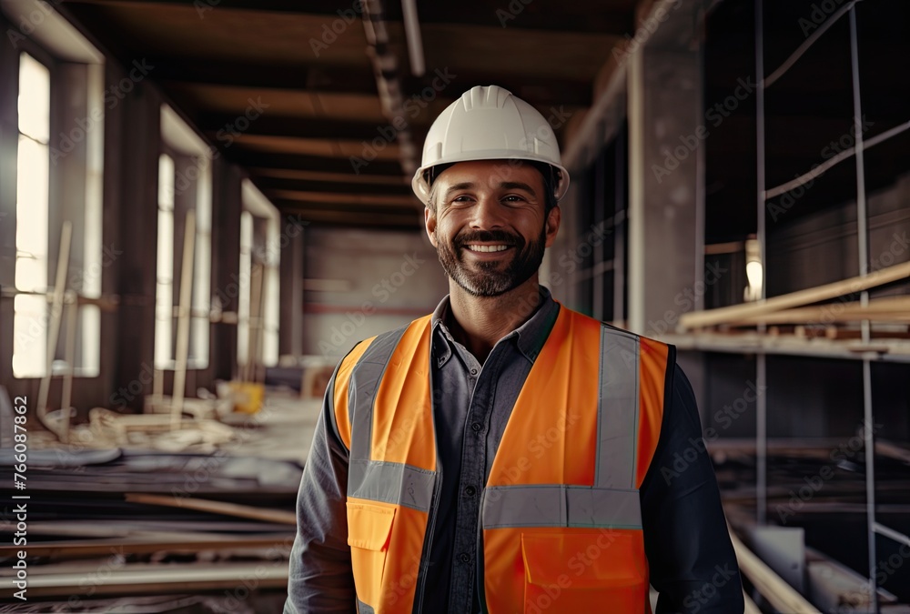 Portrait of a smiling male worker in a hardhat standing in a warehouse. Portrait of a smiling male worker in a hardhat standing in a warehouse.