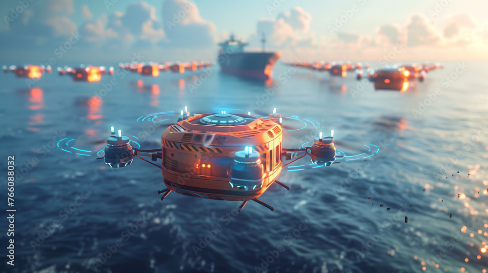 squadron of cargo drones, clearly marked with blue navigation lights, flies in a well-organized formation over a calm ocean towards a modern container ship visible in the distance squadron of cargo drones, clearly marked with blue navigation lights, flies in a well-organized formation over a calm ocean towards a modern container ship visible in the distance