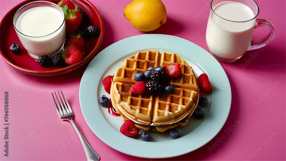 Waffles topped with berries fruits sauce and cream served near glass with hot milk isolated on pink background