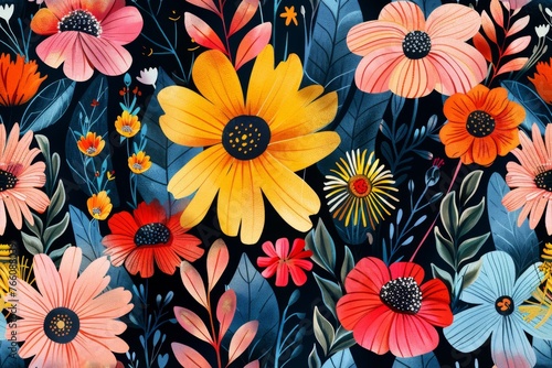 Vibrant Flowers on Black Background