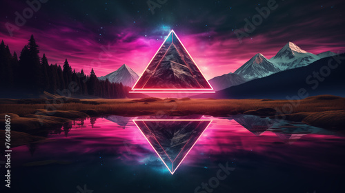 A reflective lake under a neon triangle, with the night sky painted in vibrant synthwave tones photo
