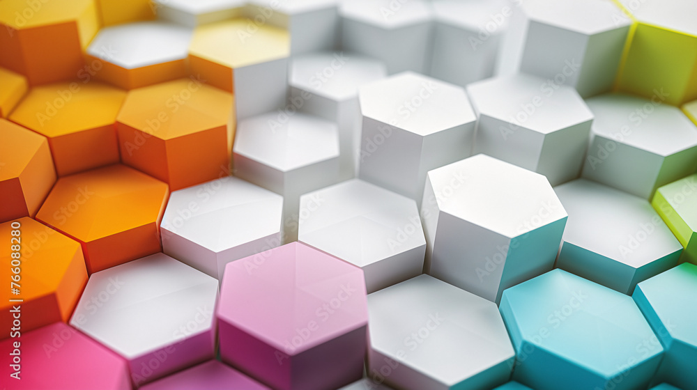 A white background with Colorful hexagons in the foreground, representing technology and innovation A white background with Colorful hexagons in the foreground, representing technology and innovation