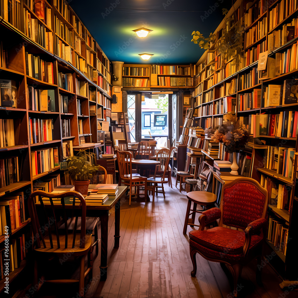 A cozy bookstore with shelves of used books. 