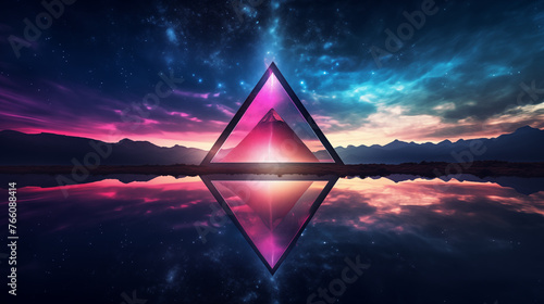 A reflective lake under a neon triangle  with the night sky painted in vibrant synthwave tones