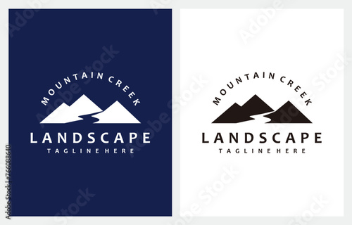 Landscape Hills Mountain Peaks River Creek Silhouette logo design vector