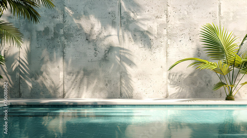 summer background with concrete wall  pool water and palm leaf shadow. Luxury hotel resort exterior for product placement