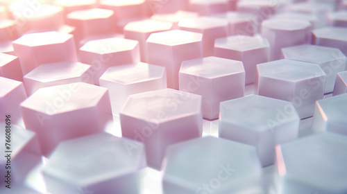 A white background with hexagons in the foreground  representing technology and innovation