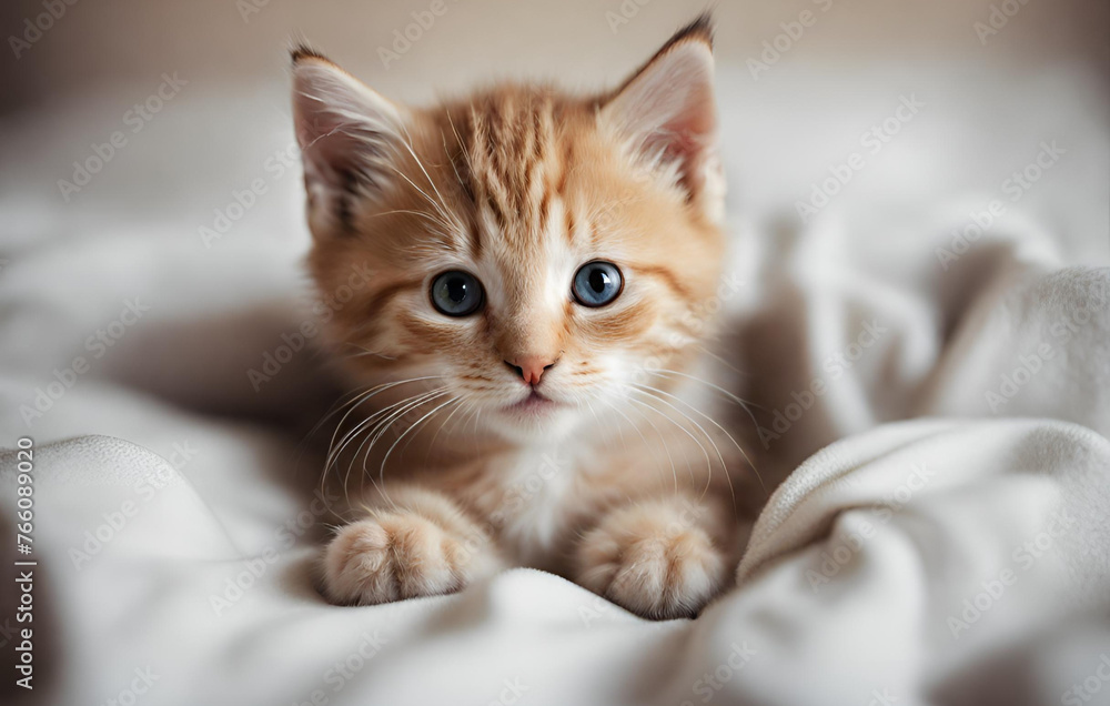 In this cute photograph you see a kitten cozily nestled on a blanket The kitten is relaxedly lying
