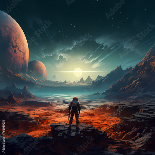 A lone astronaut exploring an alien landscape.