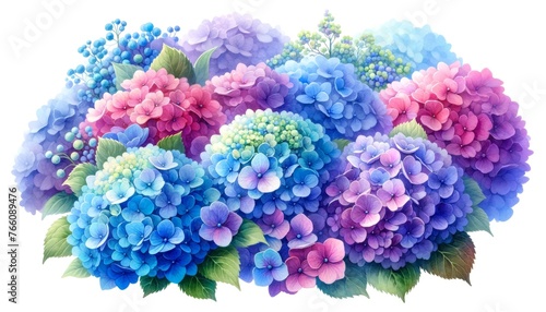 Watercolor hydrangea clipart with clusters of blue, purple, and pink flowers