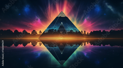 pyramid in the night, A neon triangle framing a starry night over a lake, complemented by a synthwave color gradient 