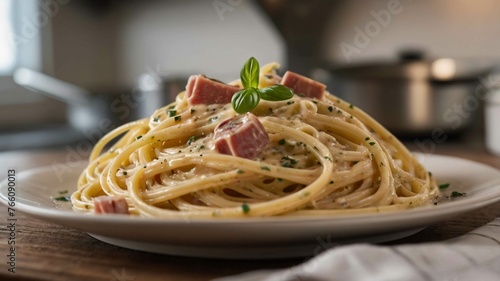 creamy carbonara spaghetti against blurry kitchen 