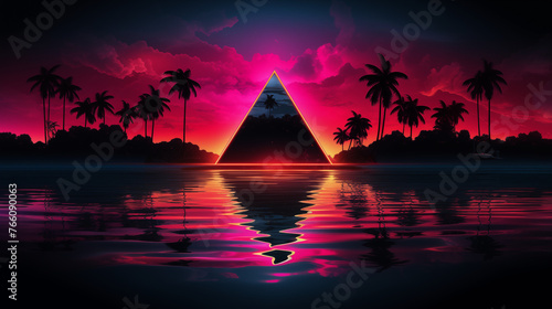 A neon triangle bordering the calm waters of a lake, with a retro synthwave palette in the background 