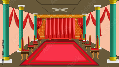 Kings palace courtroom indoor background for 2d animation. Royal kingdom. Ballroom interior walls background. Kings or queen throne. Red carpet and window curtains. Medieval castle. Imperial palace