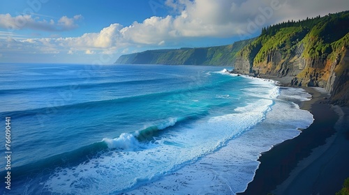 The Mosteiros coast on Sao Miguel island in the Azores archipelago of Portugal has a wavy ocean.