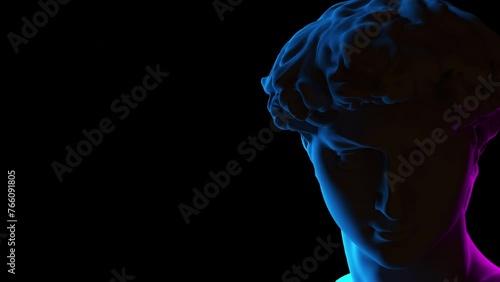 Neon bright colors with a 3D model of a roman statue head. Vaporwave colors and mood with techonology digital noise. Classical statue head. 4k resolution motion video. High quality 4k footage.