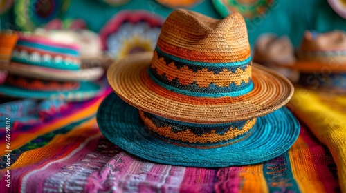 Cinco de Mayo Sombrero, straw hat on colorful striped Mexican blanket, close up.  © Rawf8