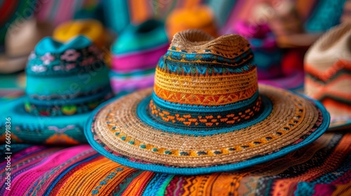 Cinco de Mayo Sombrero, straw hat on colorful striped Mexican blanket, close up.  © Rawf8