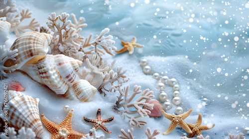 The image features a blue and white background with various starfish and pearls scattered across. © wcirco