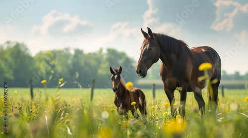 Over meadow grass, a mother horse and her young foal are playing alongside it bonding love and space, Generative AI.