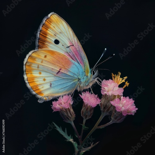 An eye-catching butterfly on pink flowers showcases the brilliant colors and patterns of its wings