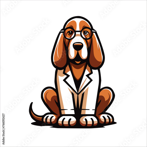 Bloodhound dog sitting and wearing glasses vector, dog cartoon illustration, cute dog doctor design
