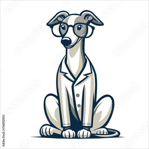 Greyhound dog sitting and wearing glasses vector, dog cartoon illustration, cute dog doctor design
