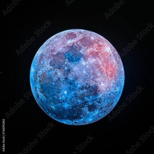 Striking depiction of a cosmic body reminiscent of the moon with an artistic twist of vibrant shades of pink and blue