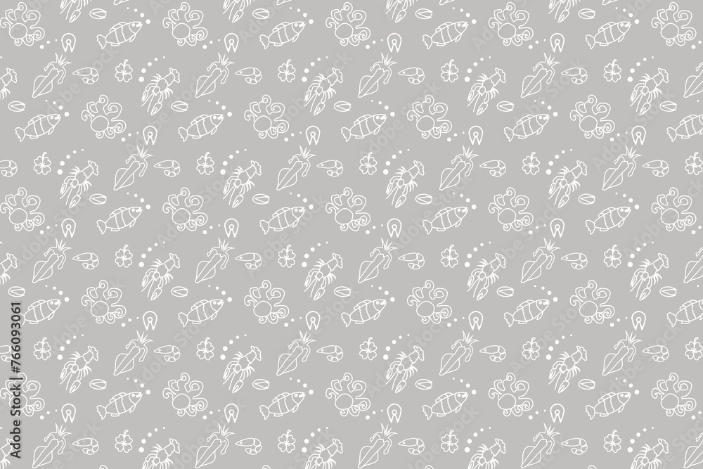 Seamless pattern. White pattern on a gray background. Food. Seafood. Fish, crayfish, squid, octopus, mussels. Background for computer screen, phone. Fabric print, texture.