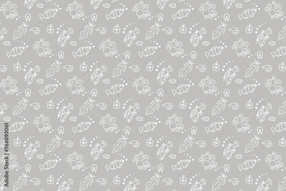 Seamless pattern. White pattern on a gray background. Food. Seafood. Fish, crayfish, squid, octopus, mussels. Background for computer screen, phone. Fabric print, texture. Seamless pattern. White pattern on a gray background. Food. Seafood. Fish, crayfish, squid, octopus, mussels. Background for computer screen, phone. Fabric print, texture.