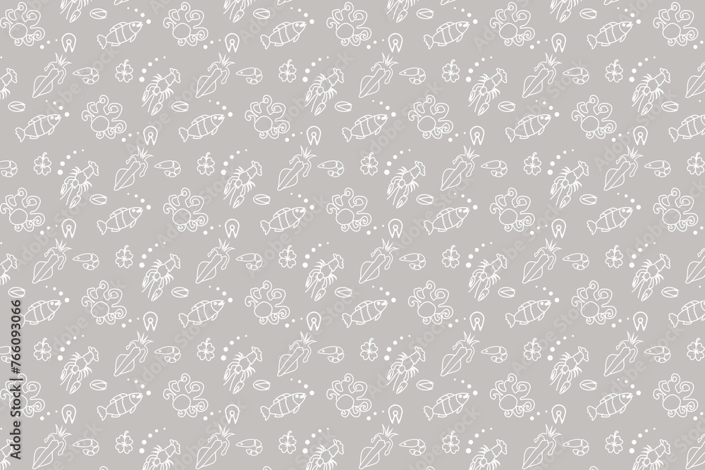 Seamless pattern. White pattern on a gray background. Food. Seafood. Fish, crayfish, squid, octopus, mussels. Background for computer screen, phone. Fabric print, texture. Seamless pattern. White pattern on a gray background. Food. Seafood. Fish, crayfish, squid, octopus, mussels. Background for computer screen, phone. Fabric print, texture.