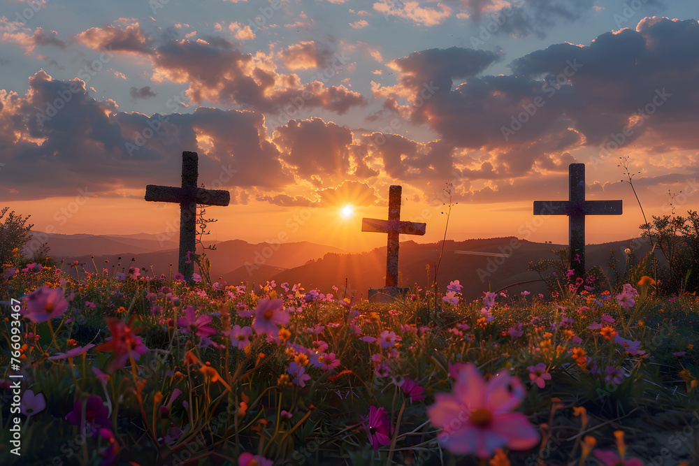 Three beautiful, flowery crosses on a hillside with a beautiful sunrise in the background, representing hope and resurrection. - obrazy, fototapety, plakaty 