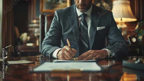 A well-dressed man in a business suit meticulously signs papers in an earnest office atmosphere photo