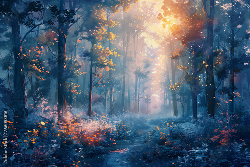 Artistic conception of beautiful landscape painting of nature of forest  background illustration  tender and dreamy design.