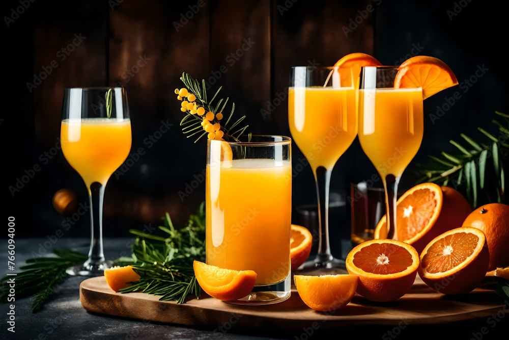 Glass of orange juice and slices of orange fruit 