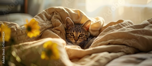 A small Felidae carnivore, the kitten, is nestled under a natural material blanket on a bed. Its whiskers twitch as it enjoys the comfort of the soft fur
