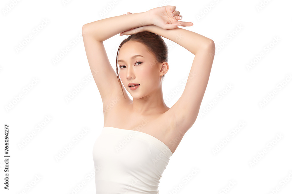 Beautiful Young Asian woman lifting hands up to show off clean and hygienic armpits or underarms on white background, Smooth armpit cleanliness and protection concept Beautiful Young Asian woman lifting hands up to show off clean and hygienic armpits or underarms on white background, Smooth armpit cleanliness and protection concept