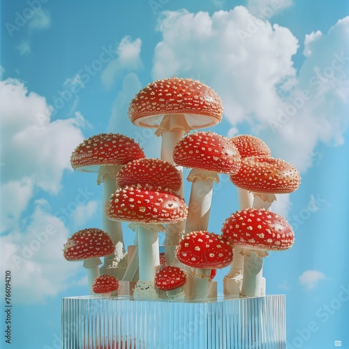 Digitally rendered red mushrooms of varying sizes, majestically towering over a cloud-filled landscape photo