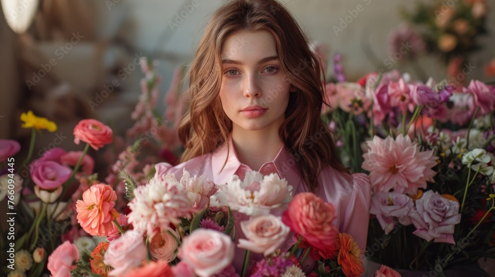 A portrait of a young woman surrounded by vibrant flowers, evoking a sense of beauty and nature