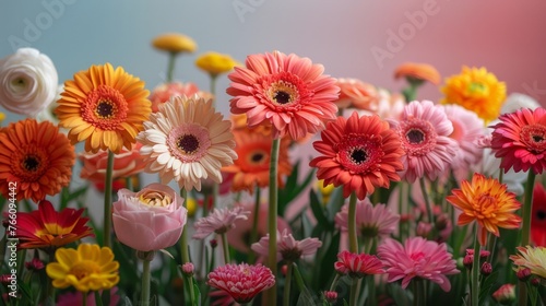 A beautiful display of multicolored daisies fills the frame  creating a bouquet of nature s own with a play of light