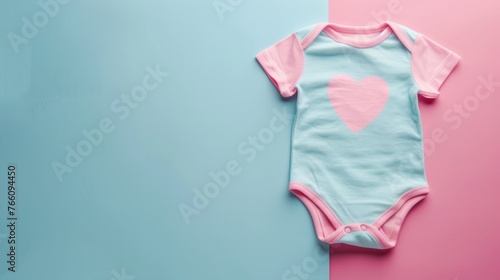 A baby bodysuit with a sweet heart emblem is symmetrically positioned on a two-tone background, symbolizing warmth and love