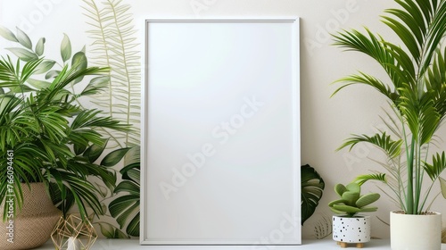 Blank photo frame mock up. picture frame mock up with dried flower decoration. Blank frame mockup on wall in modern interior. empty canvas mockup.  #766094461